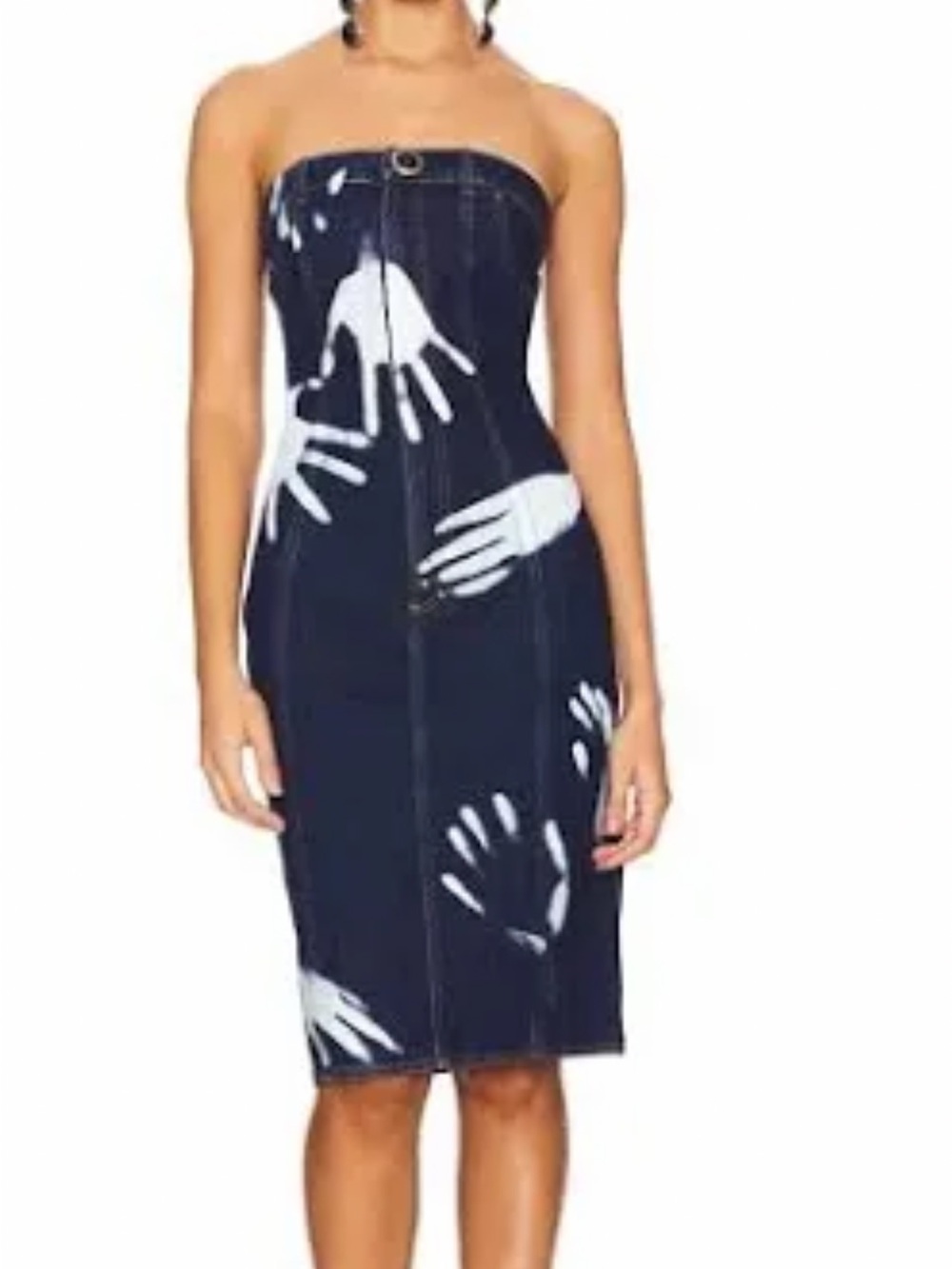 AREA Navy Denim Strapless Dress with White Hand Print